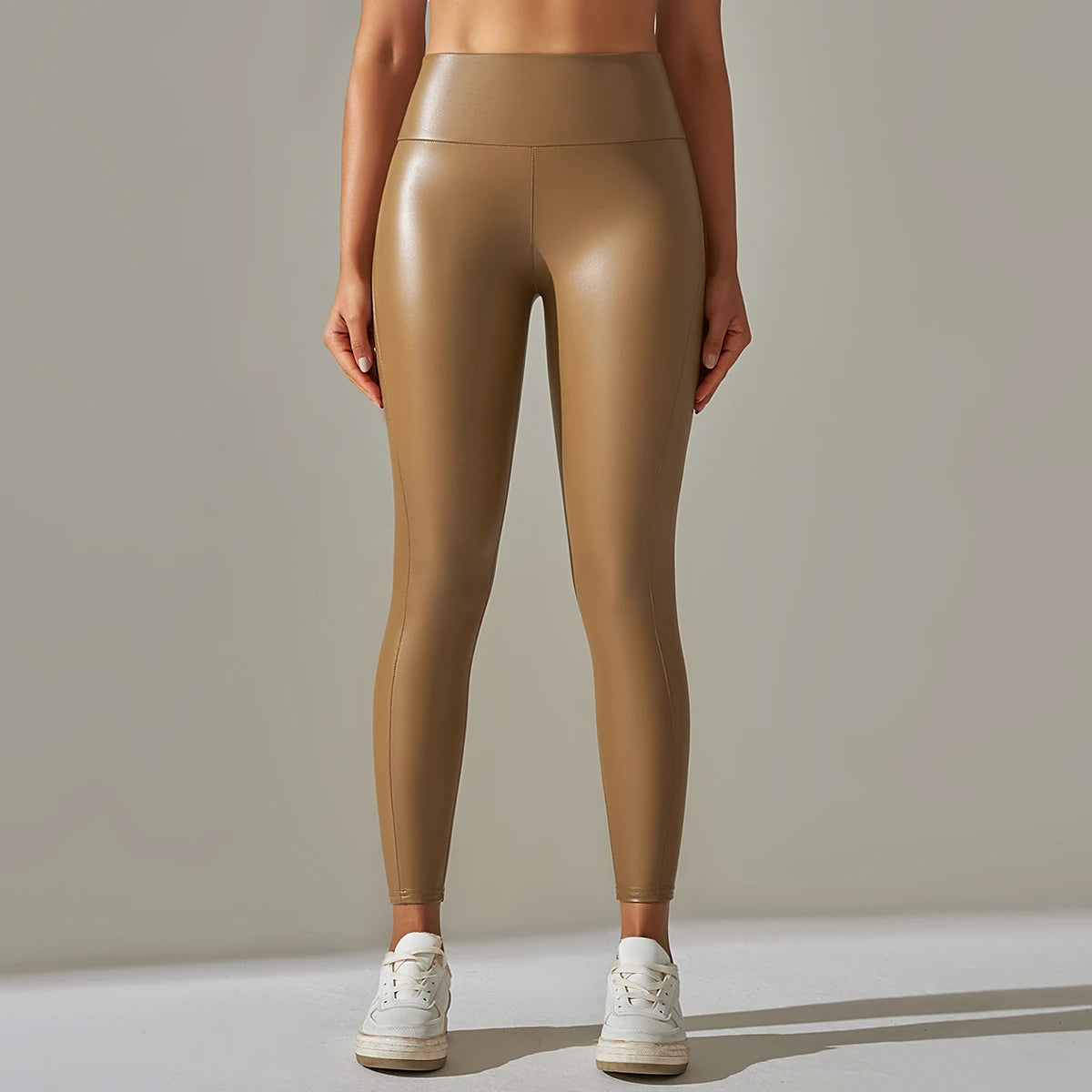 Women's PU Leather High Waist Yoga Pants - Push Up Solid Black Gym Leggings