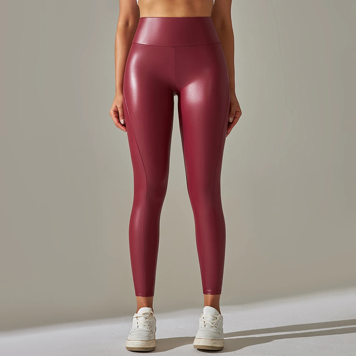 Women's PU Leather High Waist Yoga Pants - Push Up Solid Black Gym Leggings
