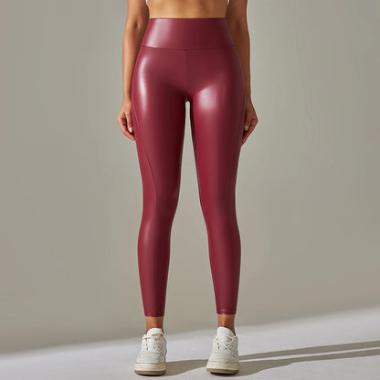 Women's PU Leather High Waist Yoga Pants - Push Up Solid Black Gym Leggings