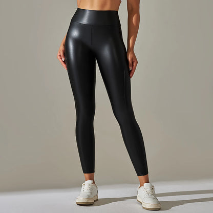 Women's PU Leather High Waist Yoga Pants - Push Up Solid Black Gym Leggings