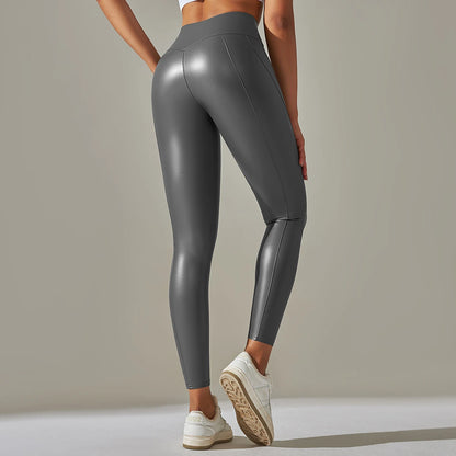 Women's PU Leather High Waist Yoga Pants - Push Up Solid Black Gym Leggings