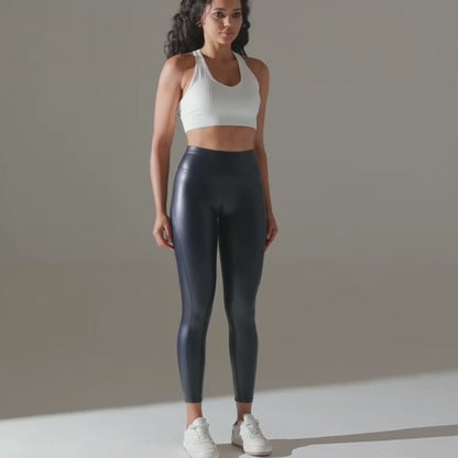 Women's PU Leather High Waist Yoga Pants - Push Up Solid Black Gym Leggings